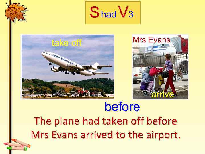 S had V 3 take off Mrs Evans before arrive The plane had taken