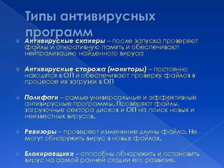  Типы антивирусных программ после запуска проверяют Антивирусные сканеры – файлы и оперативную память