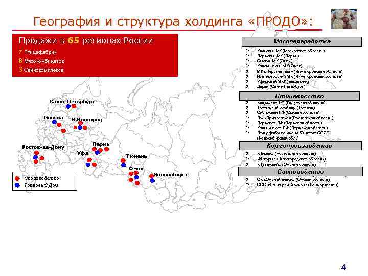 География и структура холдинга «ПРОДО» : Продажи в 65 регионах России Мясопереработка Ø Ø
