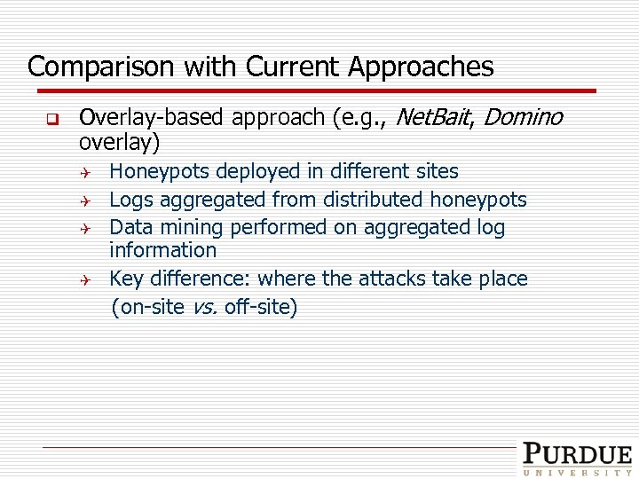 Comparison with Current Approaches q Overlay-based approach (e. g. , Net. Bait, Domino overlay)