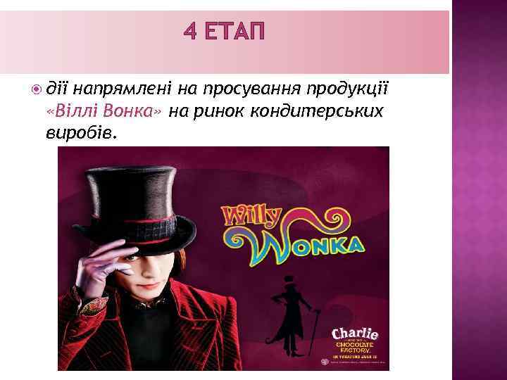 4 ЕТАП дії напрямлені на просування продукції «Віллі Вонка» на ринок кондитерських виробів. 