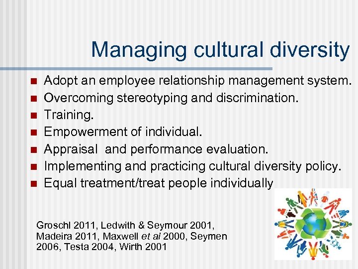 Managing cultural diversity n n n n Adopt an employee relationship management system. Overcoming