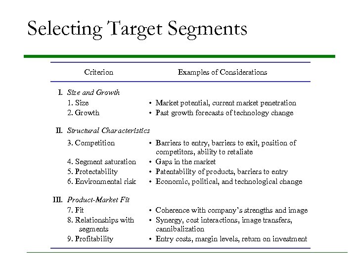 Selecting Target Segments Criterion I. Size and Growth 1. Size 2. Growth Examples of