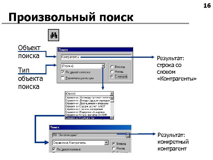 16 Произвольный поиск Объект поиска Тип объекта поиска Результат: строка со словом «Контрагенты» Результат: