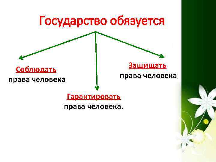 Государство обязуется Соблюдать права человека Защищать права человека Гарантировать права человека. 