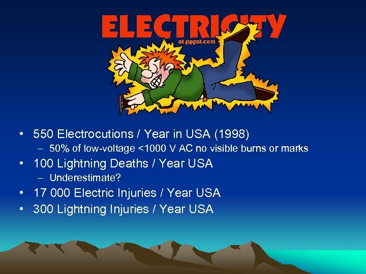  • 550 Electrocutions / Year in USA (1998) – 50% of low-voltage <1000