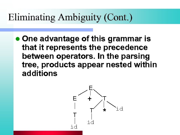 Eliminating Ambiguity (Cont. ) l One advantage of this grammar is that it represents