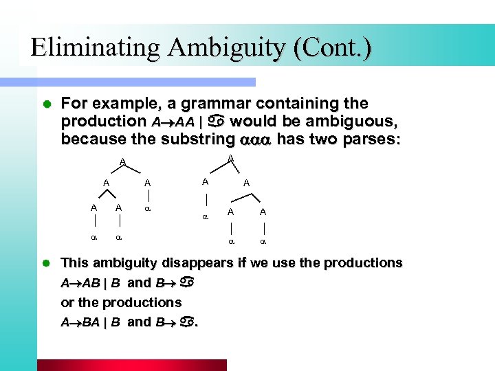 Eliminating Ambiguity (Cont. ) l For example, a grammar containing the production A AA