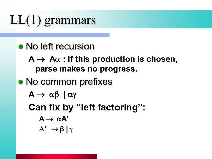 LL(1) grammars l No left recursion A A : If this production is chosen,