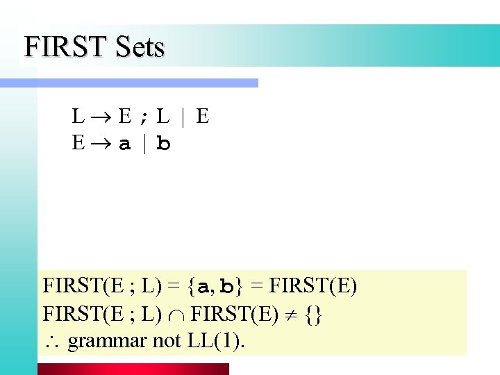 FIRST Sets L E ; L | E E a | b FIRST(E ;