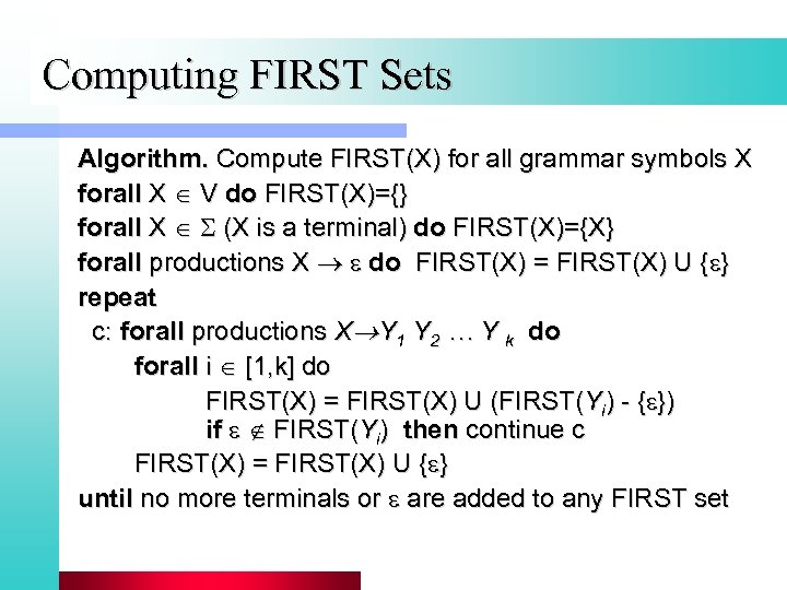 Computing FIRST Sets Algorithm. Compute FIRST(X) for all grammar symbols X forall X V