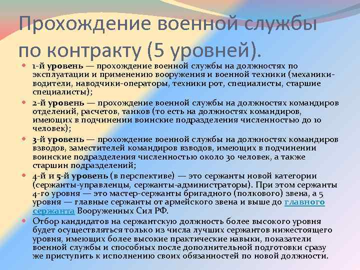 Прохождение военной службы по контракту (5 уровней). 1 -й уровень — прохождение военной службы