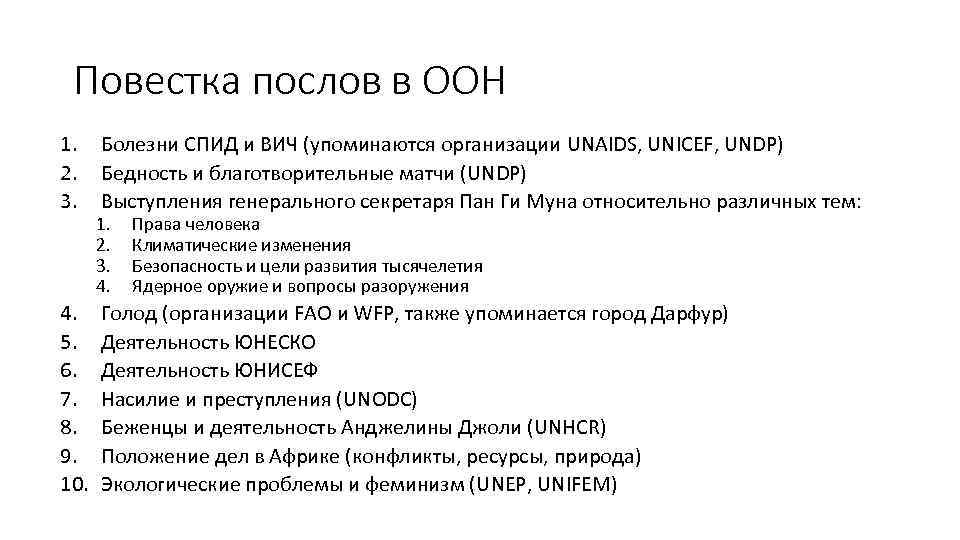 Повестка послов в ООН 1. 2. 3. 4. 5. 6. 7. 8. 9. 10.