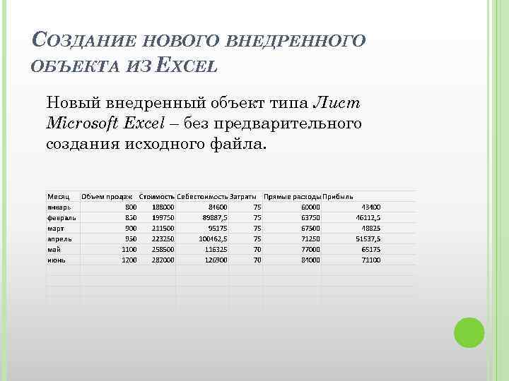 СОЗДАНИЕ НОВОГО ВНЕДРЕННОГО ОБЪЕКТА ИЗ EXCEL Новый внедренный объект типа Лист Microsoft Excel –