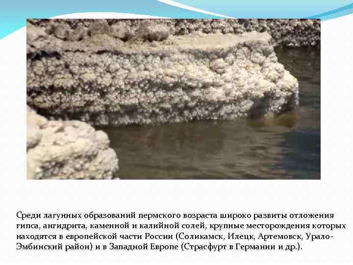 Среди лагунных образований пермского возраста широко развиты отложения гипса, ангидрита, каменной и калийной солей,