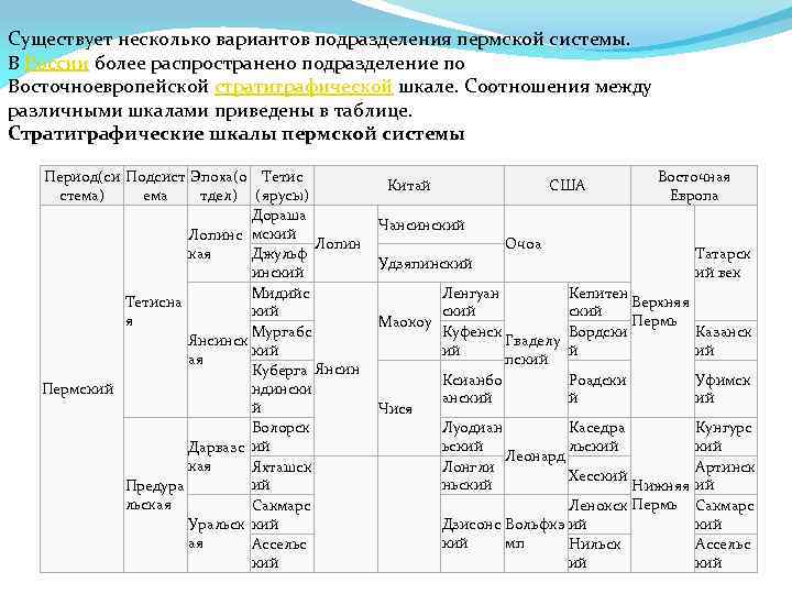Существует несколько вариантов подразделения пермской системы. В России более распространено подразделение по Восточноевропейской стратиграфической