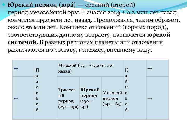  Юрский период (юра ) — средний (второй) период мезозойской эры. Начался 201, 3