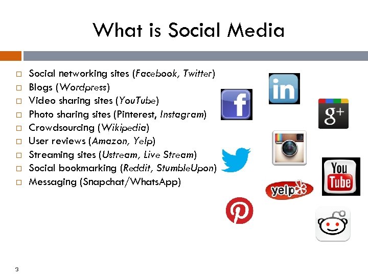 What is Social Media 3 Social networking sites (Facebook, Twitter) Blogs (Wordpress) Video sharing