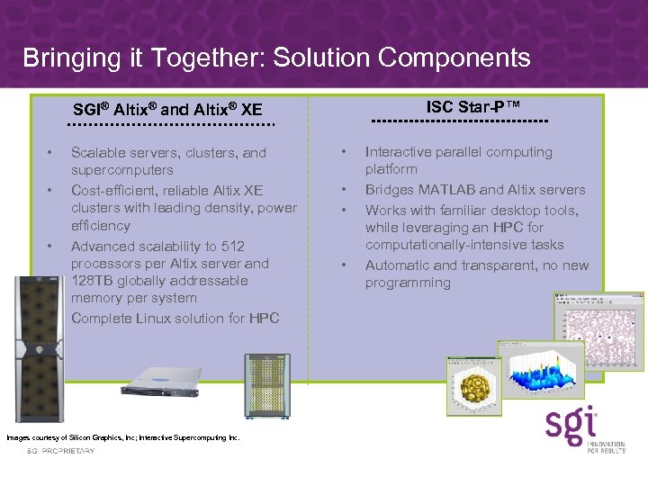 Bringing it Together: Solution Components ISC Star-P™ SGI® Altix® and Altix® XE • •