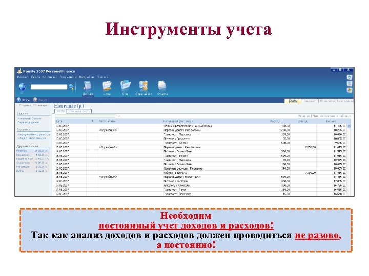 Инструменты учета Необходим постоянный учет доходов и расходов! Так как анализ доходов и расходов