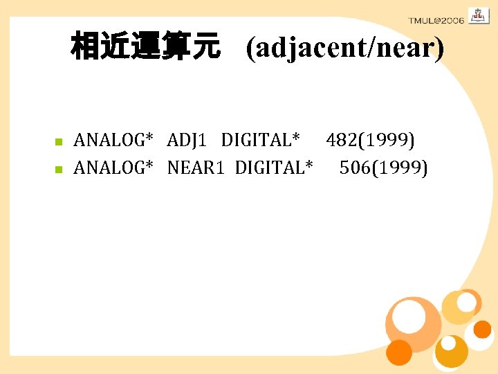 相近運算元 (adjacent/near) n n ANALOG* ADJ 1 DIGITAL* 482(1999) ANALOG* NEAR 1 DIGITAL* 506(1999)