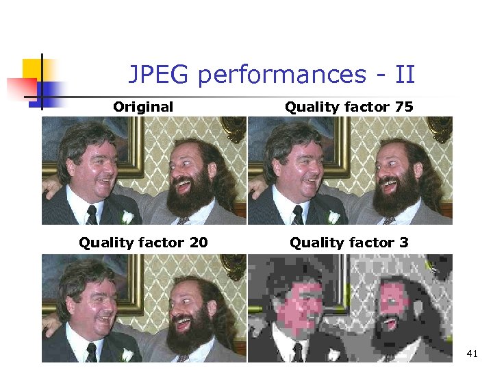 JPEG performances - II Original Quality factor 75 Quality factor 20 Quality factor 3