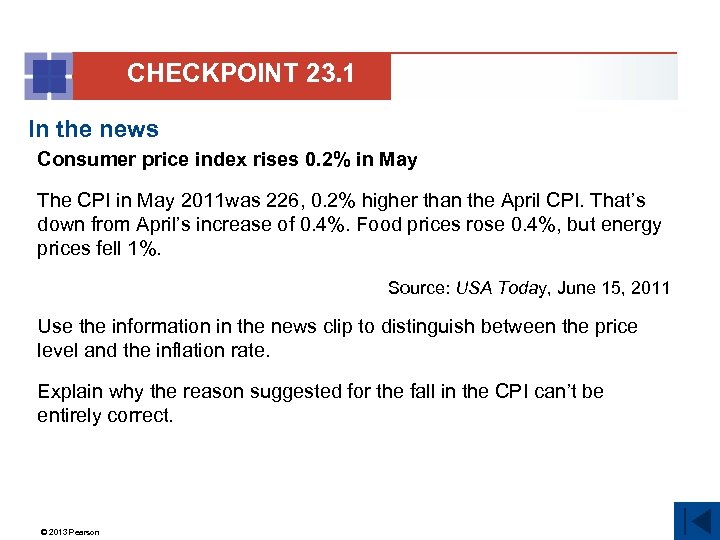 CHECKPOINT 23. 1 In the news Consumer price index rises 0. 2% in May