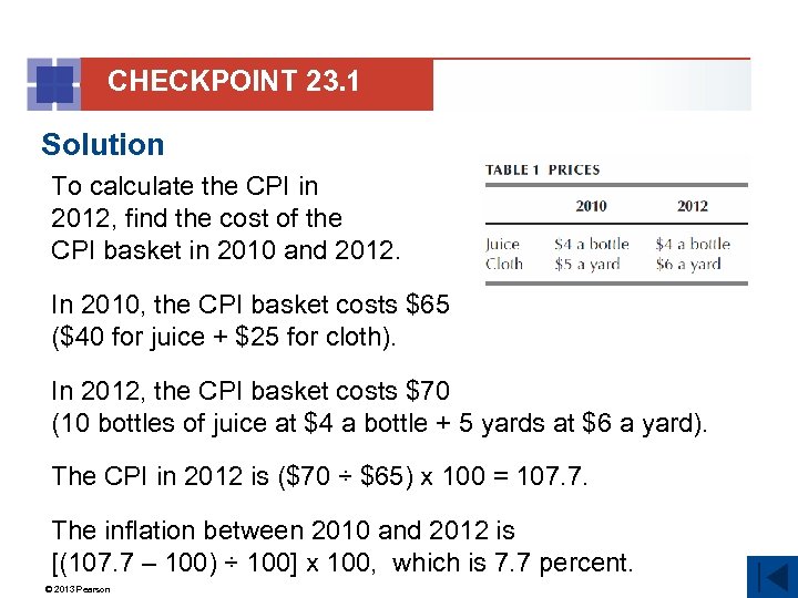 CHECKPOINT 23. 1 Solution To calculate the CPI in 2012, find the cost of