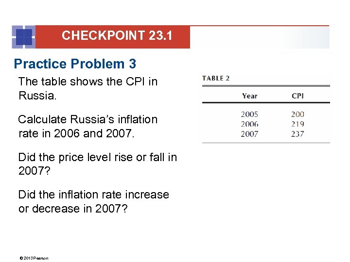 CHECKPOINT 23. 1 Practice Problem 3 The table shows the CPI in Russia. Calculate