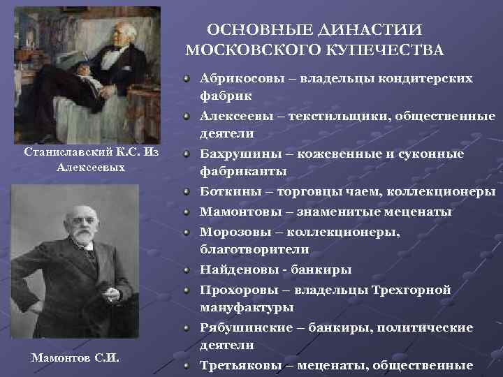 ОСНОВНЫЕ ДИНАСТИИ МОСКОВСКОГО КУПЕЧЕСТВА Абрикосовы – владельцы кондитерских фабрик Алексеевы – текстильщики, общественные деятели