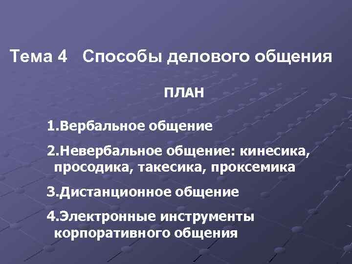 Тема 4 Способы делового общения ПЛАН 1. Вербальное общение 2. Невербальное общение: кинесика, просодика,