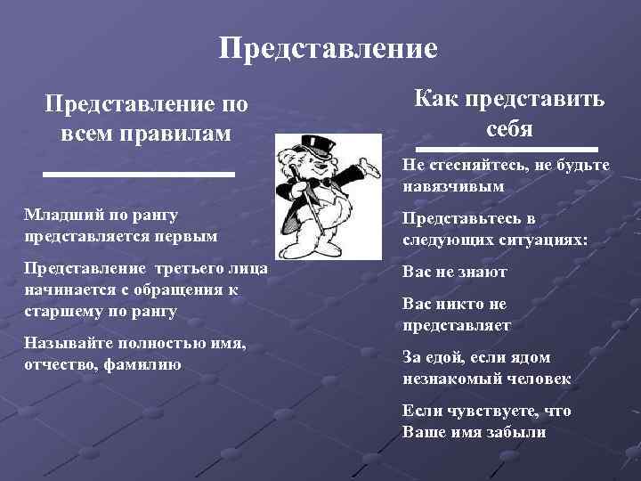 Представление по всем правилам Как представить себя Не стесняйтесь, не будьте навязчивым Младший по