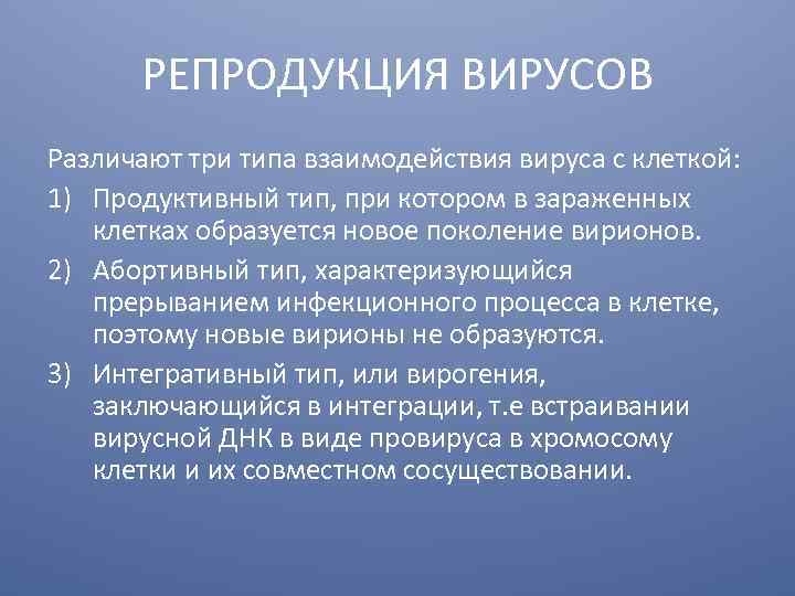 РЕПРОДУКЦИЯ ВИРУСОВ Различают три типа взаимодействия вируса с клеткой: 1) Продуктивный тип, при котором