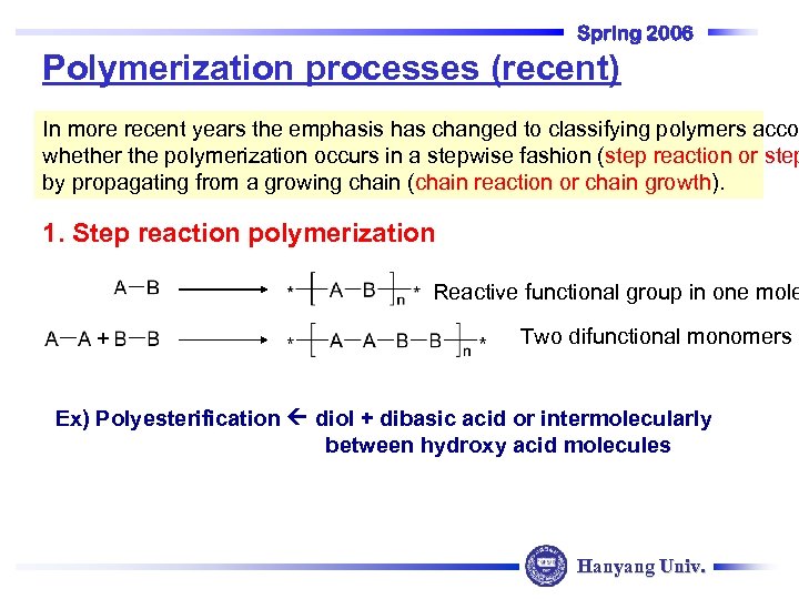 Spring 2006 Polymerization processes (recent) In more recent years the emphasis has changed to