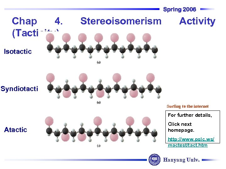 Spring 2006 Chap 4. (Tacticity) Isotactic C Stereoisomerism C CH 3 Syndiotactic C CH