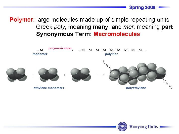 Spring 2006 Polymer: large molecules made up of simple repeating units Greek poly, meaning