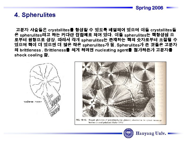4. Spherulites Spring 2006 고분자 사슬들은 crystallites를 형성할 수 있도록 배열되어 있으며 이들 crystallites들