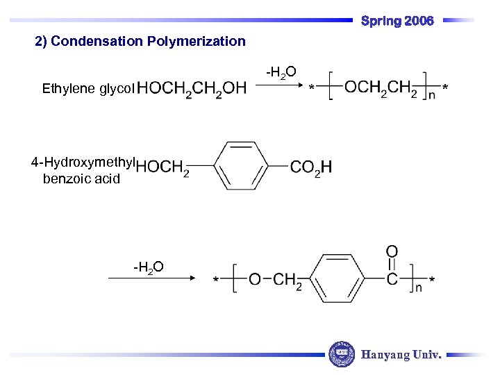 Spring 2006 2) Condensation Polymerization Ethylene glycol -H 2 O 4 -Hydroxymethyl benzoic acid
