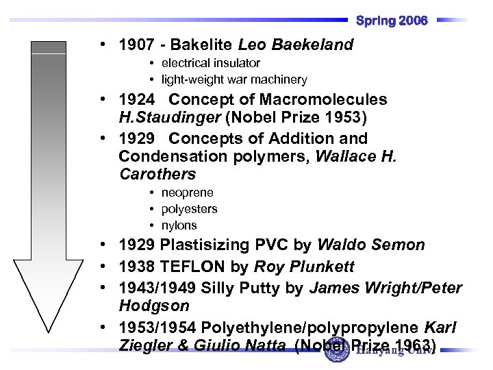 Spring 2006 • 1907 - Bakelite Leo Baekeland • electrical insulator • light-weight war