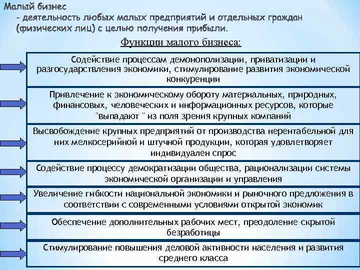 Функции малого бизнеса: Содействие процессам демонополизации, приватизации и разгосударствления экономики, стимулирование развития экономической конкуренции