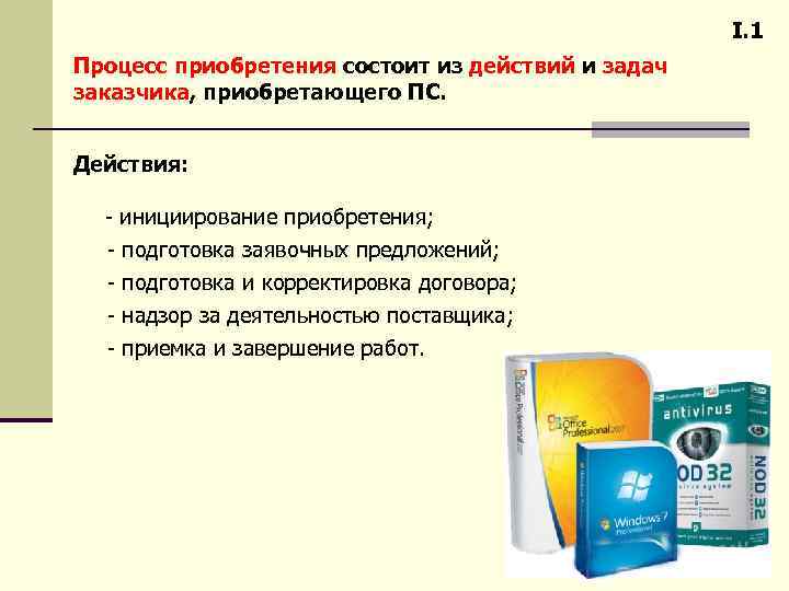I. 1 Процесс приобретения состоит из действий и задач заказчика, приобретающего ПС. Действия: -
