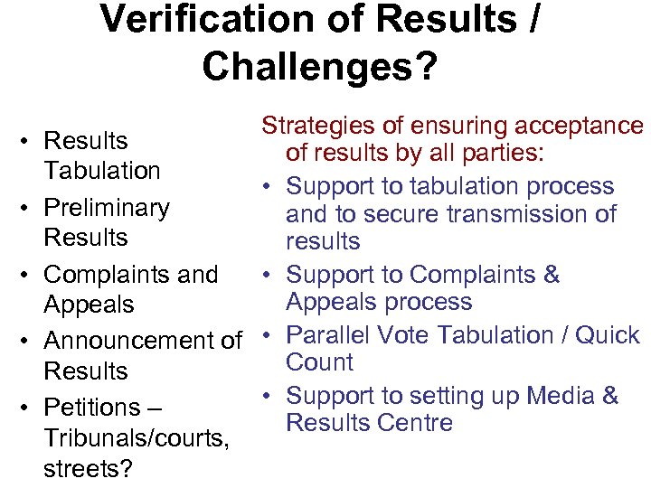 Verification of Results / Challenges? • • • Strategies of ensuring acceptance Results of