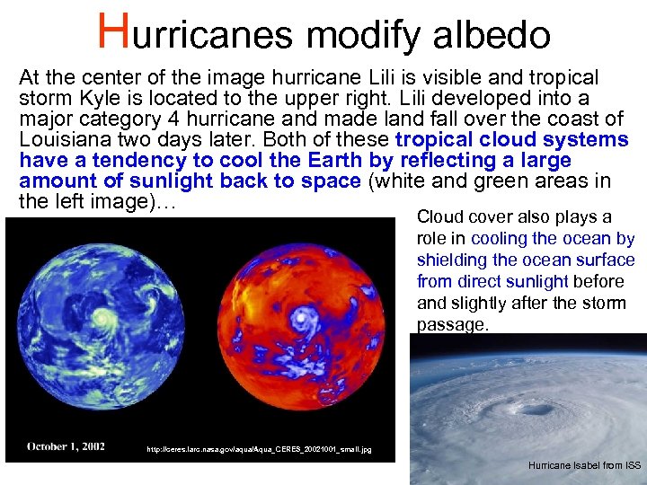 Hurricanes modify albedo At the center of the image hurricane Lili is visible and