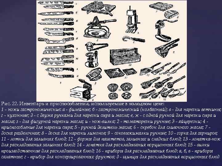 Рис. 22. Инвентарь и приспособления, используемые в холодном цехе: 1 - ножи гастрономические: а
