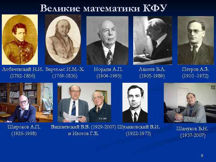 Великие математики КФУ Лобачевский Н. И. Бартельс И. М. -Х. (1792 -1856) (1769 -1836)