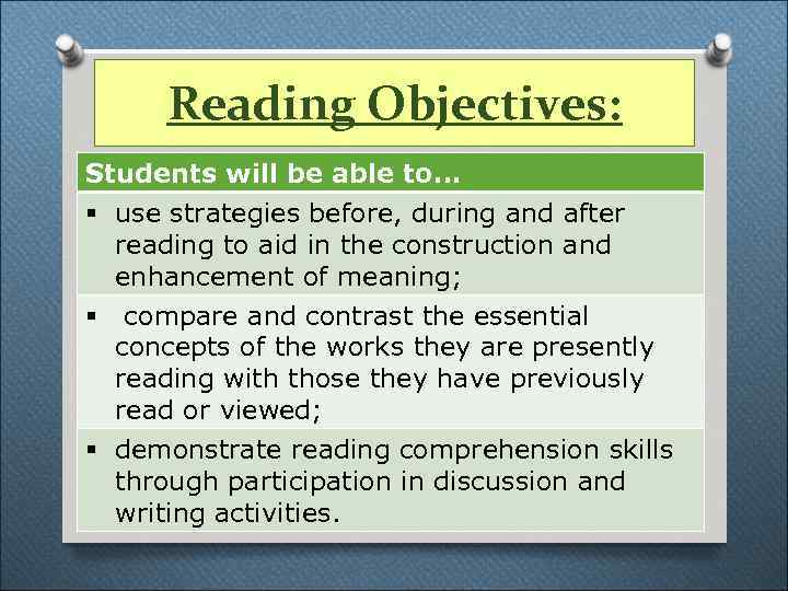 Reading Objectives: Students will be able to… § use strategies before, during and after