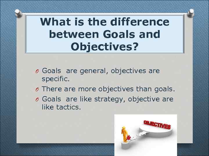 What is the difference between Goals and Objectives? O Goals are general, objectives are