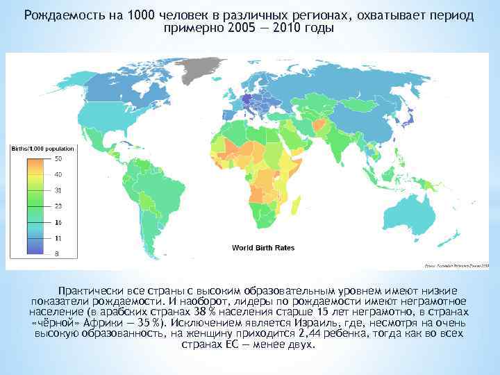 Рождаемость на 1000 человек в различных регионах, охватывает период примерно 2005 — 2010 годы