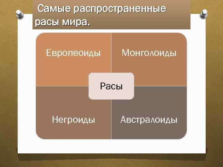 Самые распространенные расы мира. Европеоиды Монголоиды Расы Негроиды Австралоиды 
