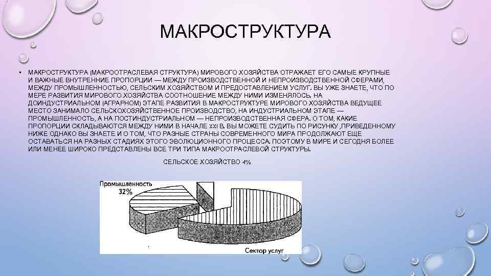 МАКРОСТРУКТУРА • МАКРОСТРУКТУРА (МАКРООТРАСЛЕВАЯ СТРУКТУРА) МИРОВОГО ХОЗЯЙСТВА ОТРАЖАЕТ ЕГО САМЫЕ КРУПНЫЕ И ВАЖНЫЕ ВНУТРЕННИЕ